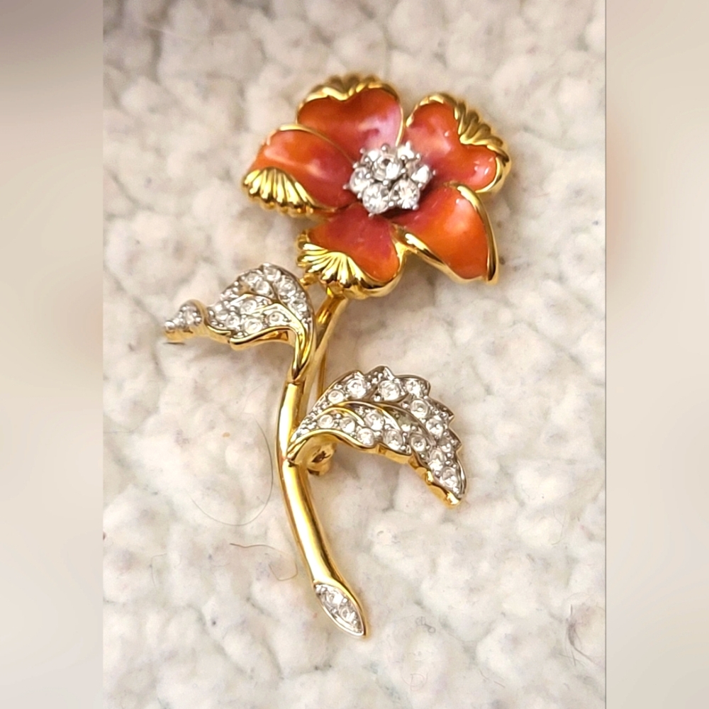 Nolan Miller Gold and Marmalade Orange Floral Brooch